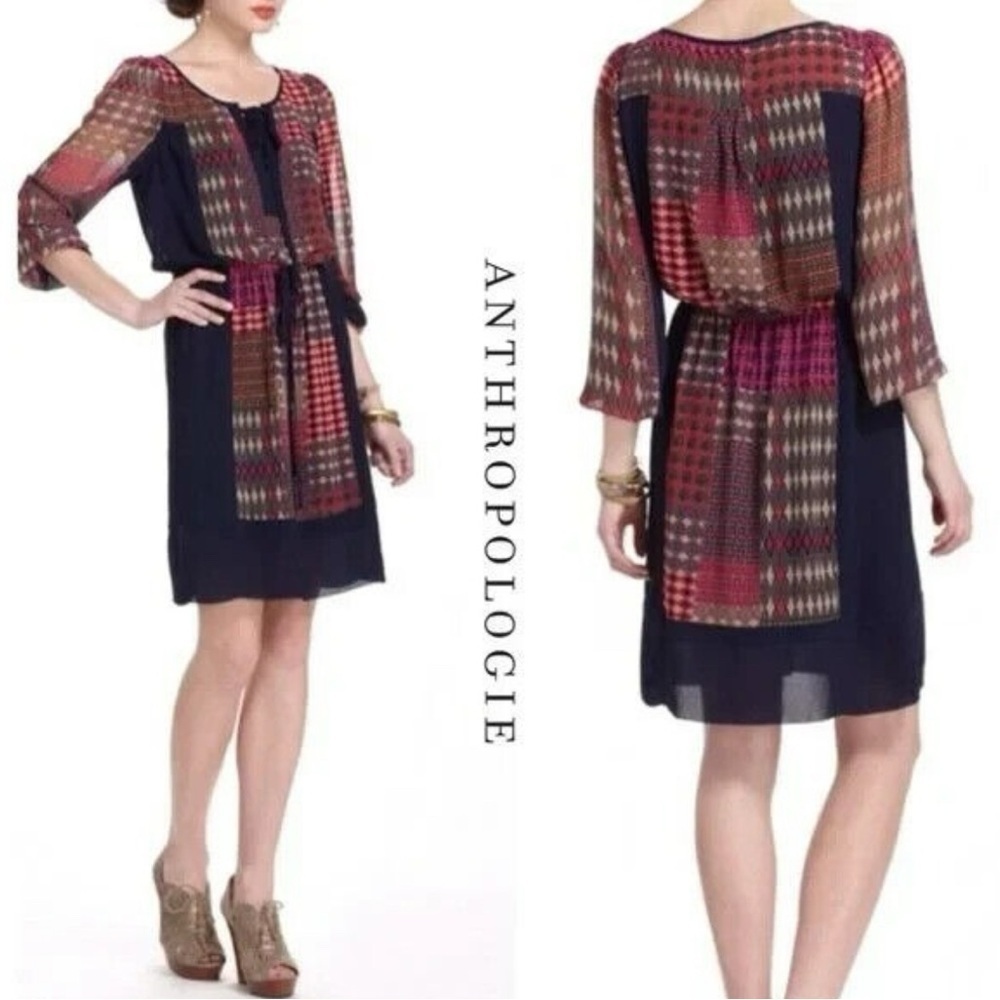 Anthropologie Navy Sheer over Slip Patterned Long Sleeve Dress